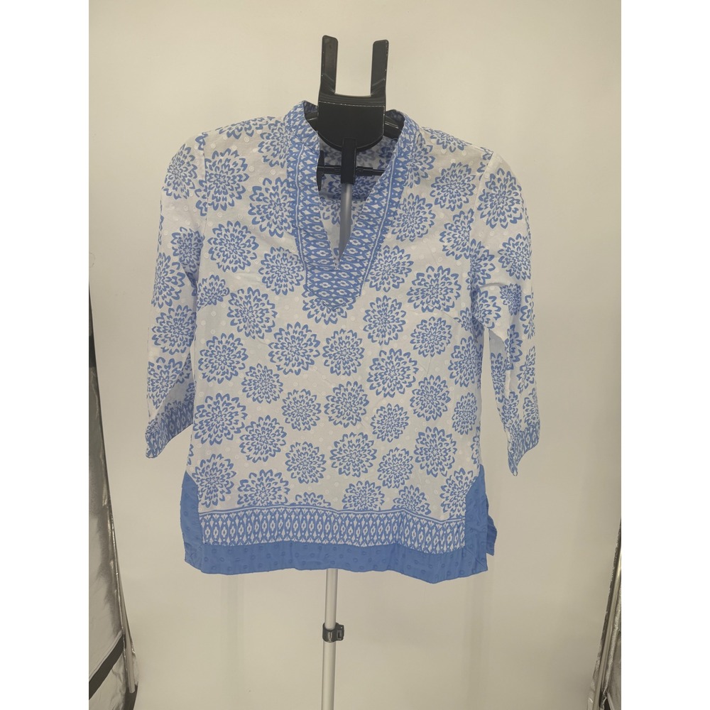 Zac & Rachel Tunic Top Womens Medium Blue White Floral Cotton 3/4 Sleeve